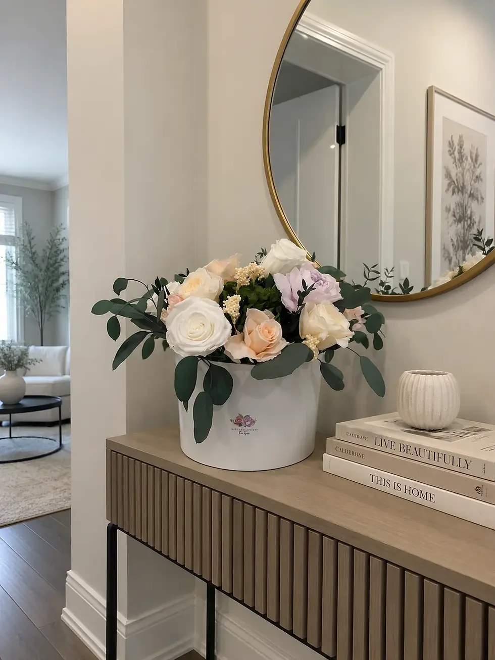 Bloom flower box with white, peach and lilac preserved roses on an entryway console beneath a round mirror.