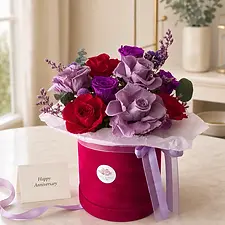 Red and lavender preserved rose box with Happy Anniversary card