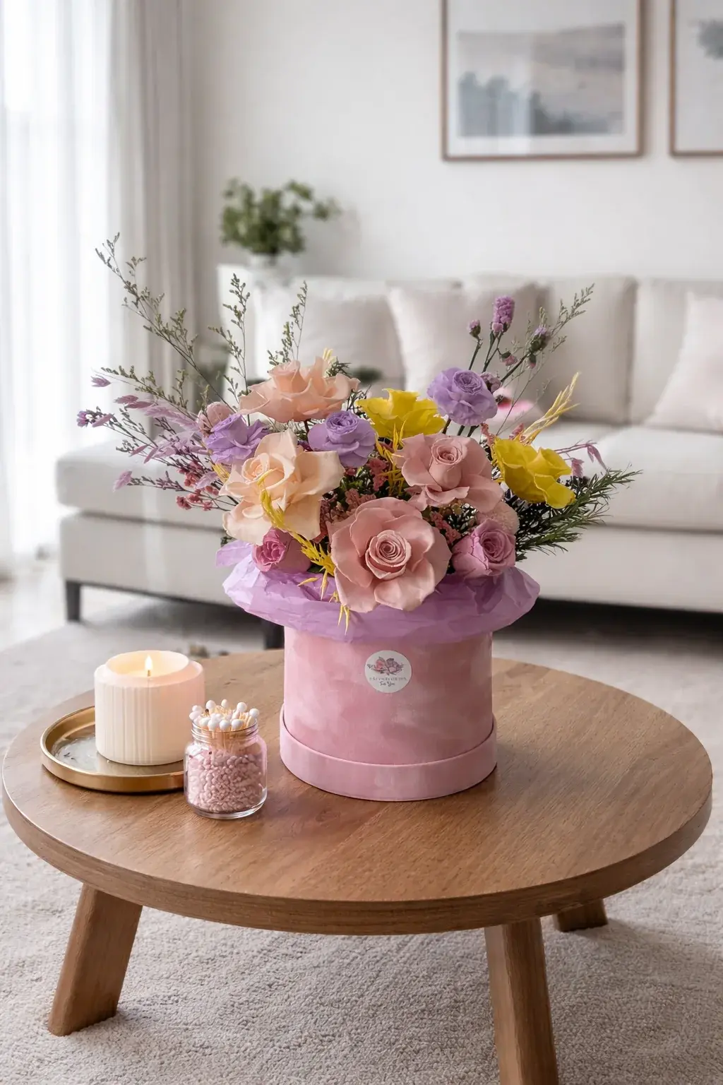 Sunset Whisper Bloom Box with peach, lavender and yellow roses on a round wooden coffee table beside a candle.