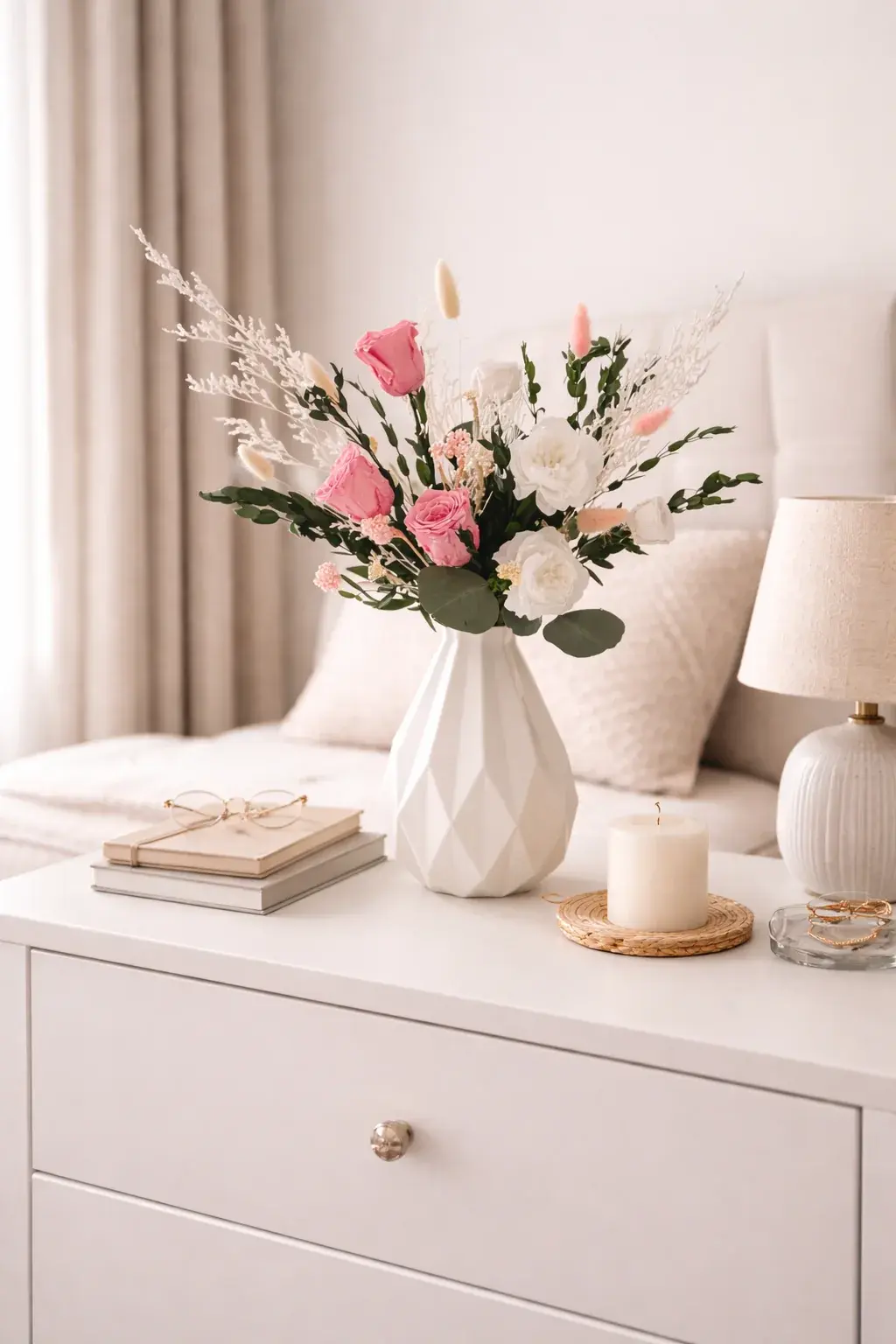 dresser.webpBlush Garden Elegance pink and white rose arrangement displayed on a white dresser beside a candle.