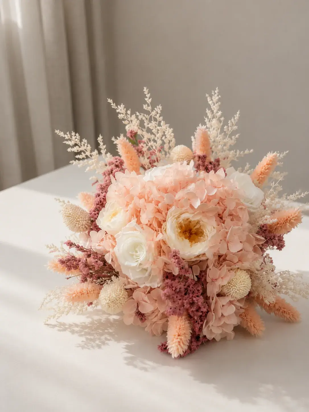Close-up of the Resabelle bouquet with peach hydrangea, ivory roses, dusty pink accents and delicate cream foliage on a table