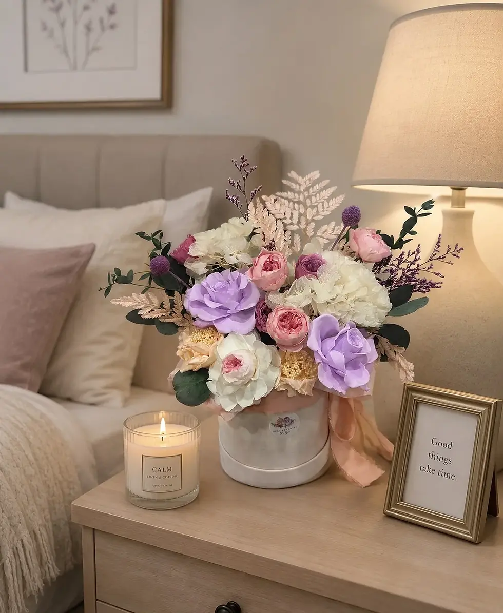 Blushing Lavender Garden flower box with pink, lavender and white blooms on a bedside table beside a candle.