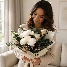Woman holding a white preserved rose bouquet in a warm indoor setting