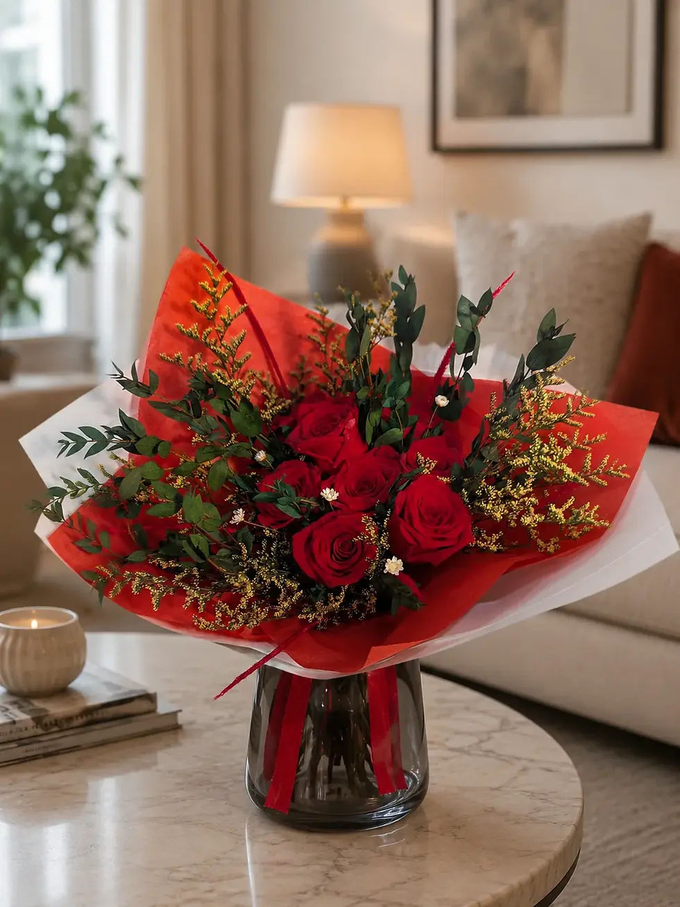 Passion red rose bouquet with greenery and gold-toned filler, wrapped in red and white paper in a glass vase.