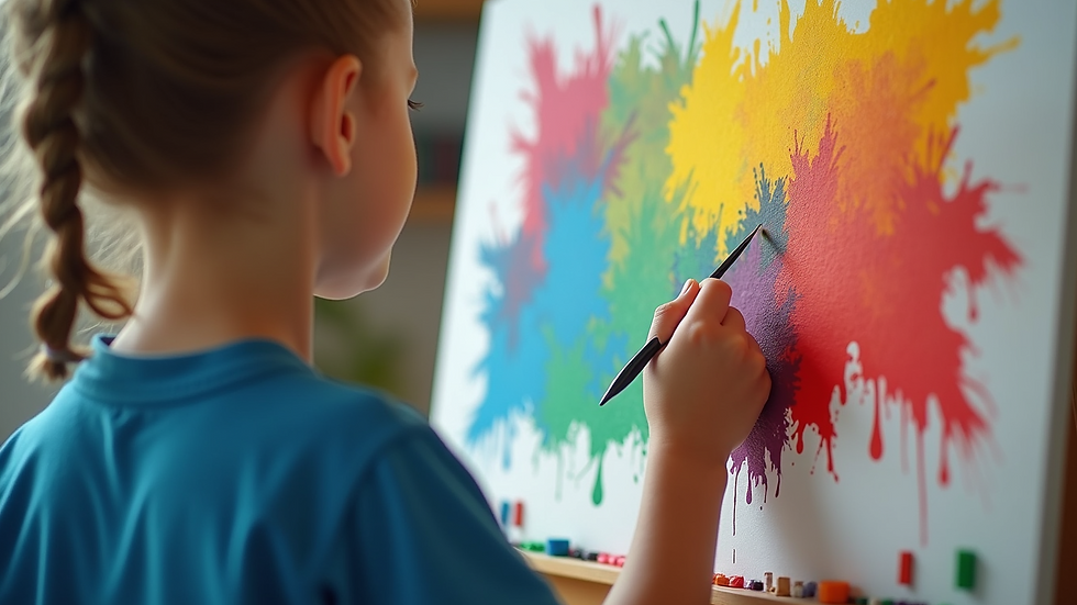 Close-up of a child’s colourful painting on an easel