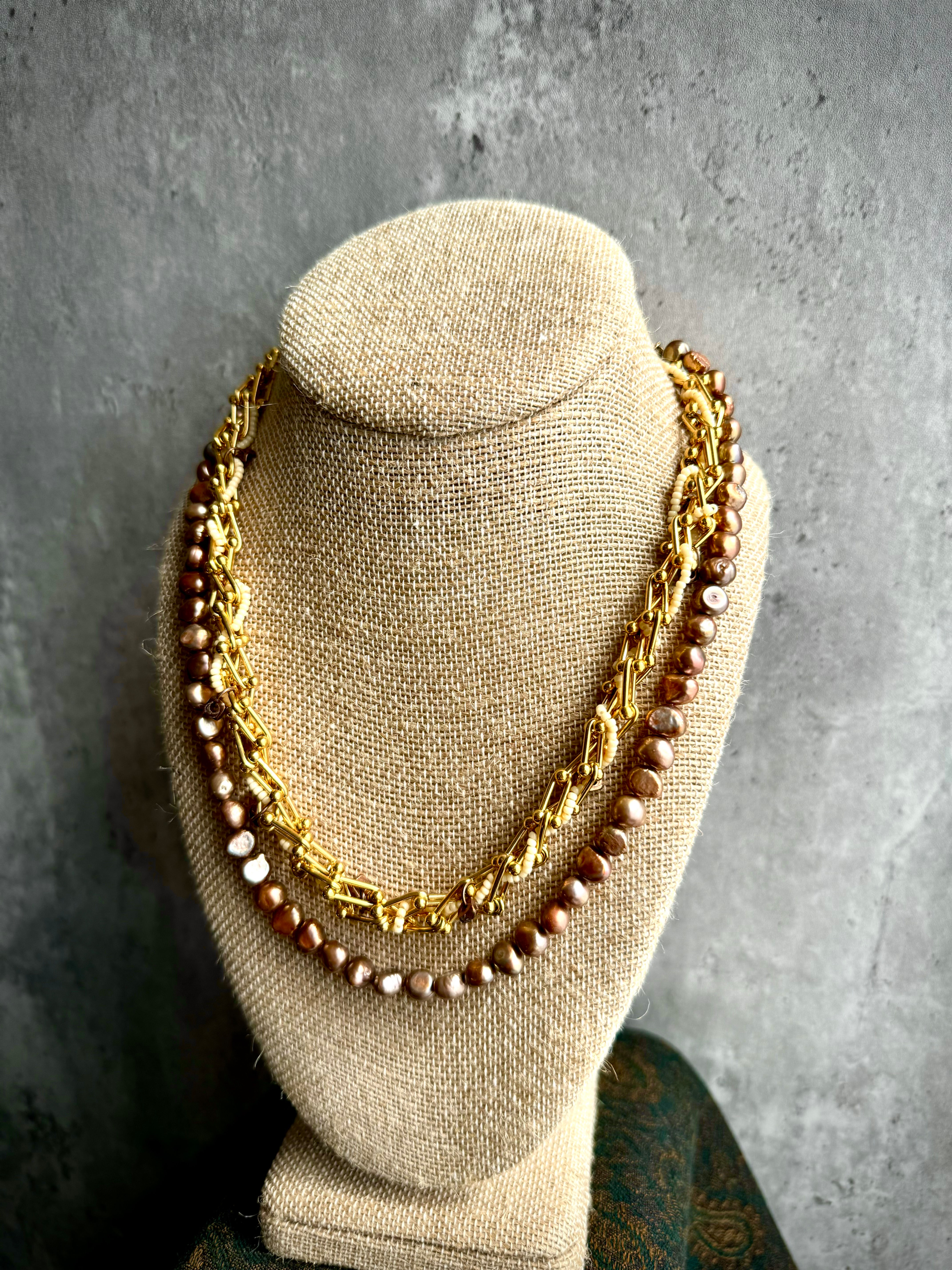 PRL NKL 11 - Antique Two Layered Bronze Pearl Necklace