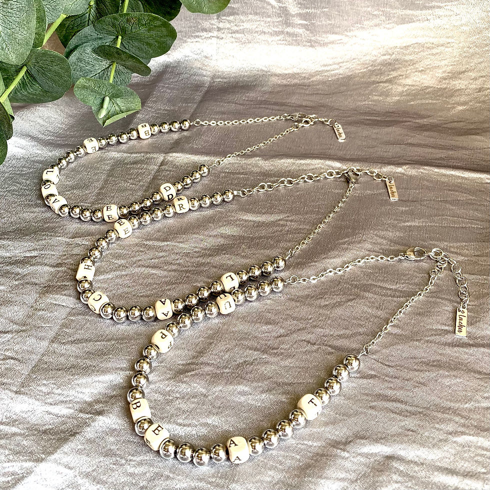 CRF NKL 18 - Silver stainless beads necklace with lettered wood message beads