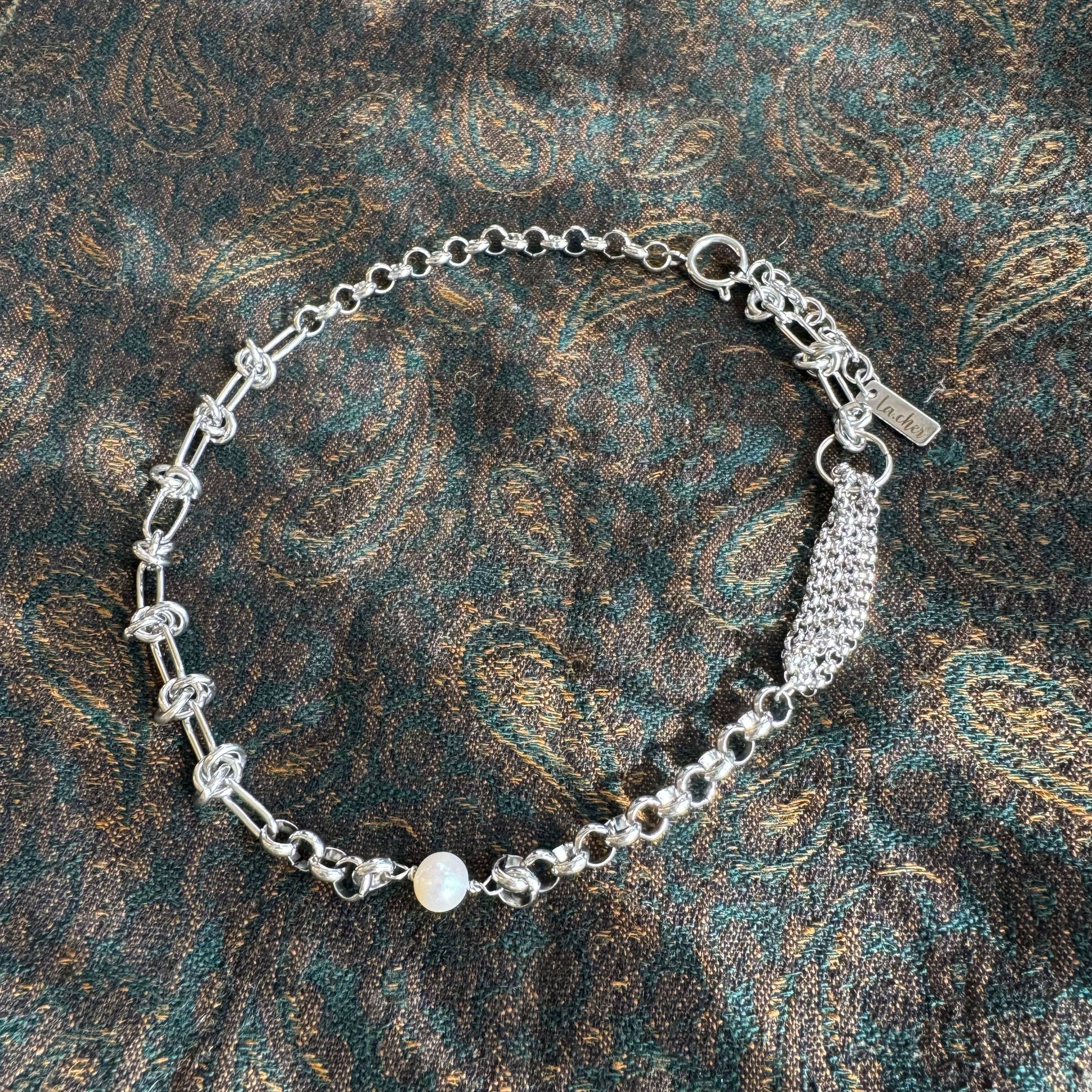MTL NKL 10 - Chunky Silver Mix chain Necklace with fresh water pearl
