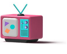 Un televisor 3D con figuras geométricas dentro. Tiene colores rosa, azul, morado y naranja.