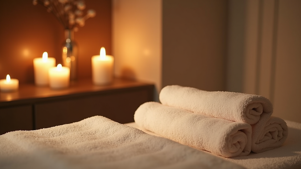 High angle view of a serene spa room with candles and soft towels