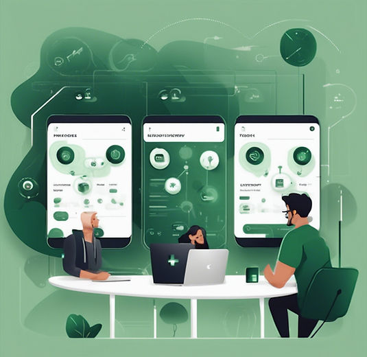 Tech app Product discovery process. user flows. customer interviews. dark green tones. Mal