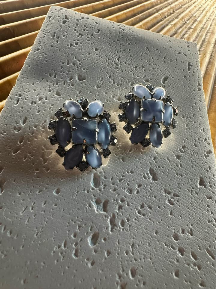 Vintage Likely Mid-Century Light Blue Thermoset Rhinestone Cluster Clip-On Earri