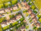 Aerial top down view of an expensive, small private housing estate in rural Essex, UK. Bot