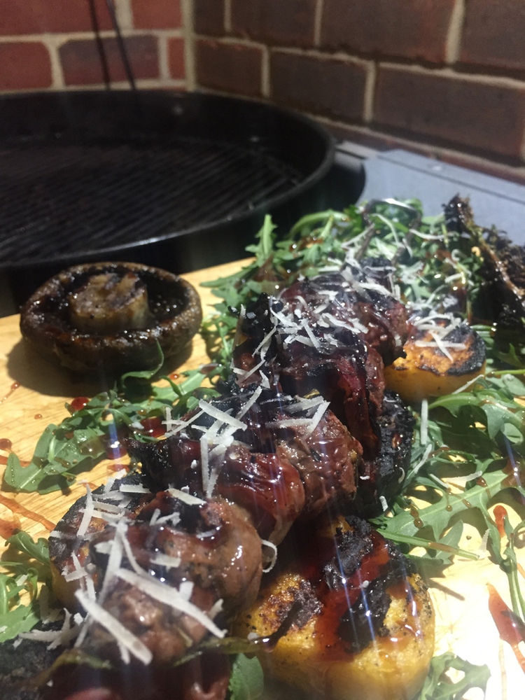 Grilled Lamb's Kidneys Wrapped In Parma Ham with Black Pudding and