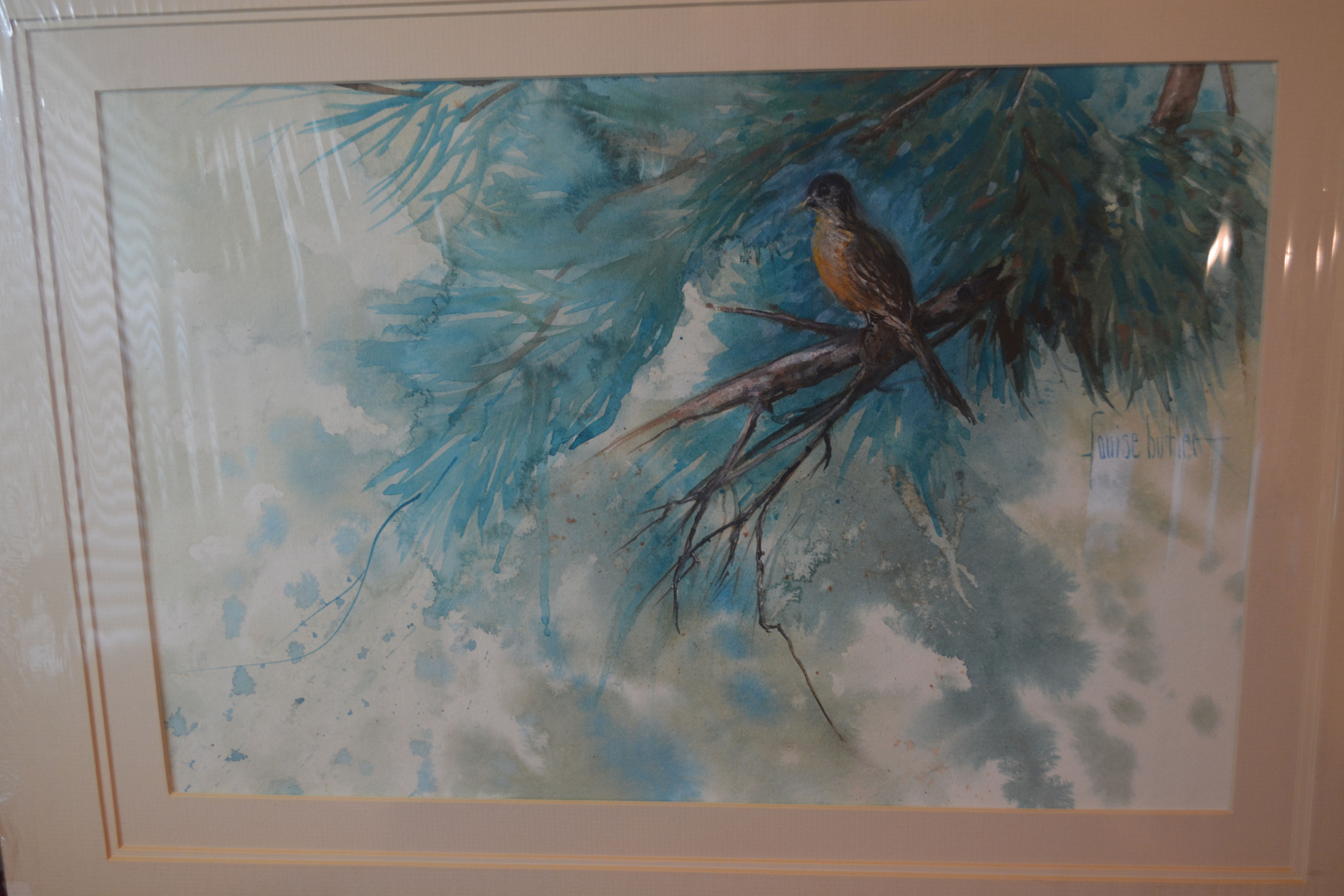 Vintage Original Watercolor "Bird in Pine Tree" Signed & Triple Matted