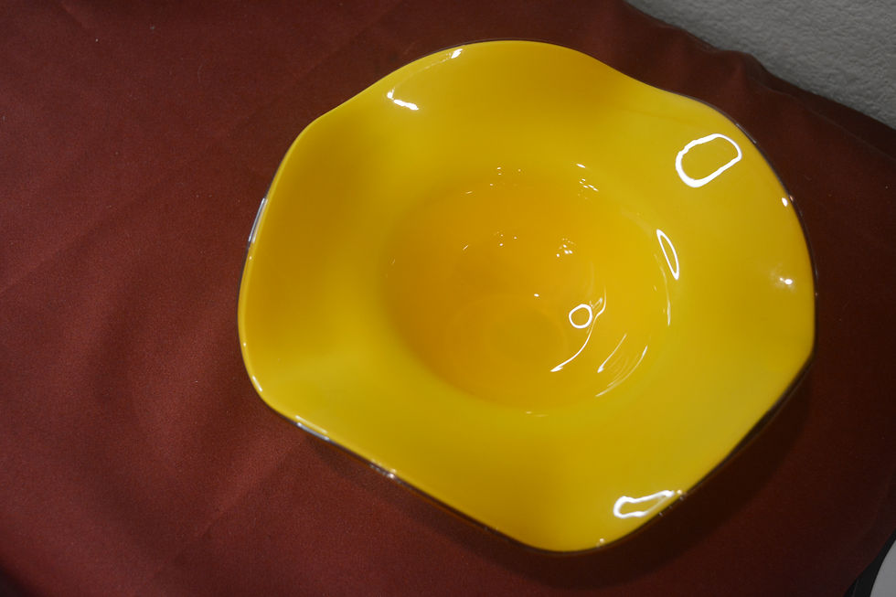 Thumbnail: Vintage MCM Yellow/Orange Hand Blown Art Glass Ruffle Edge Footed Pedestal Bowl