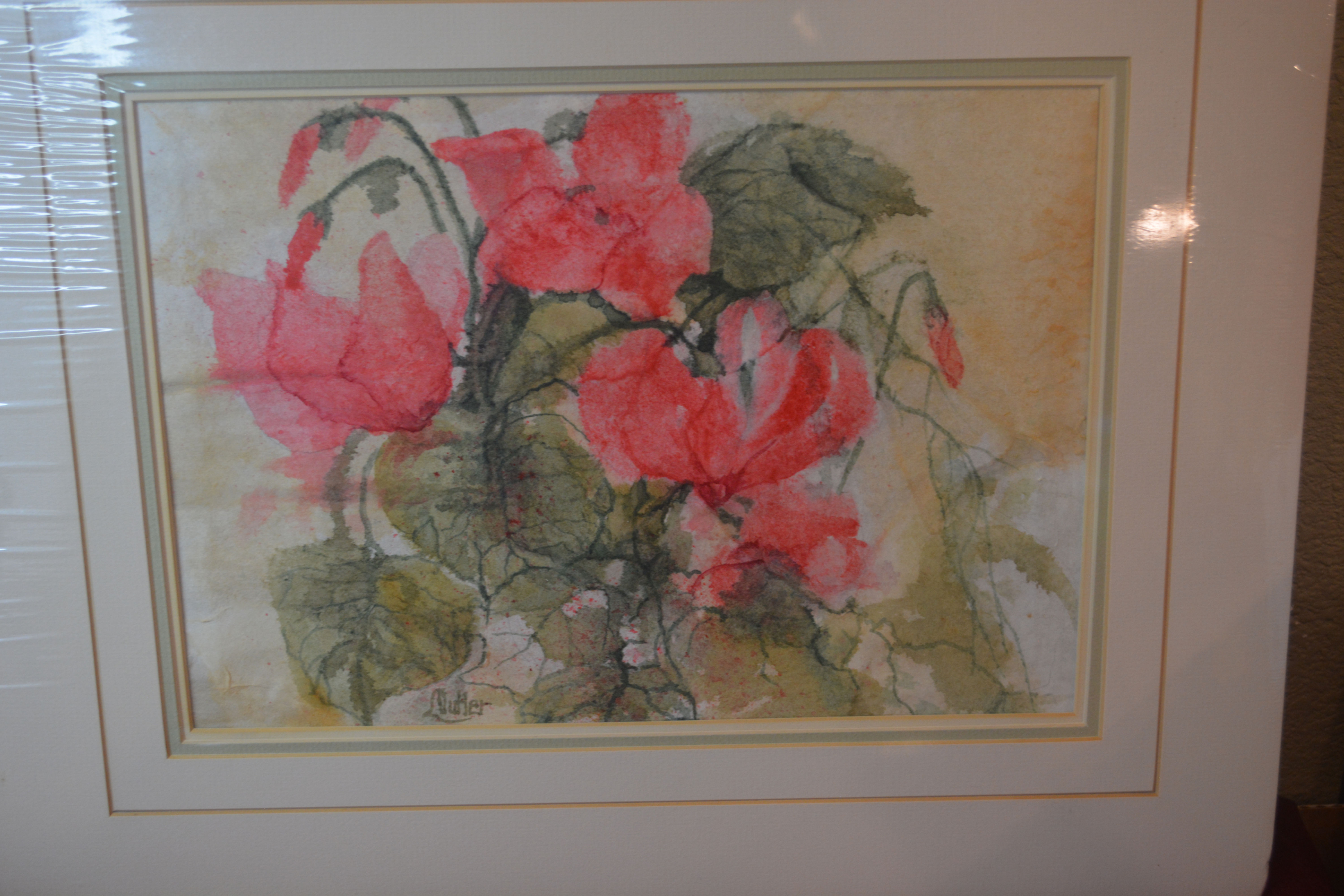 Vintage Original Watercolor "Red Clematis" on Handmade Paper by Louise Butler