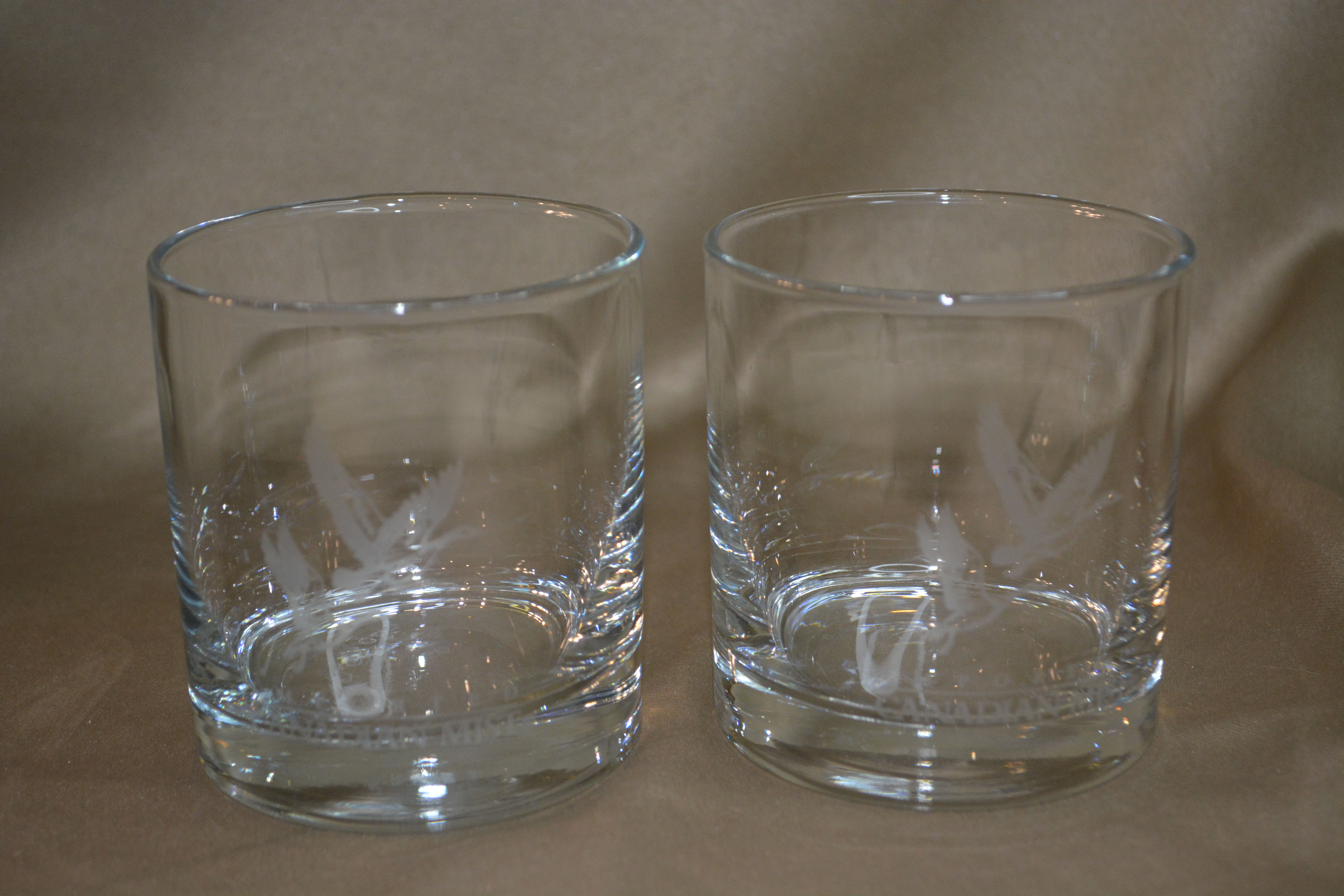Pair of Imported Canadian Mist Whiskey Glasses w/Etched Geese