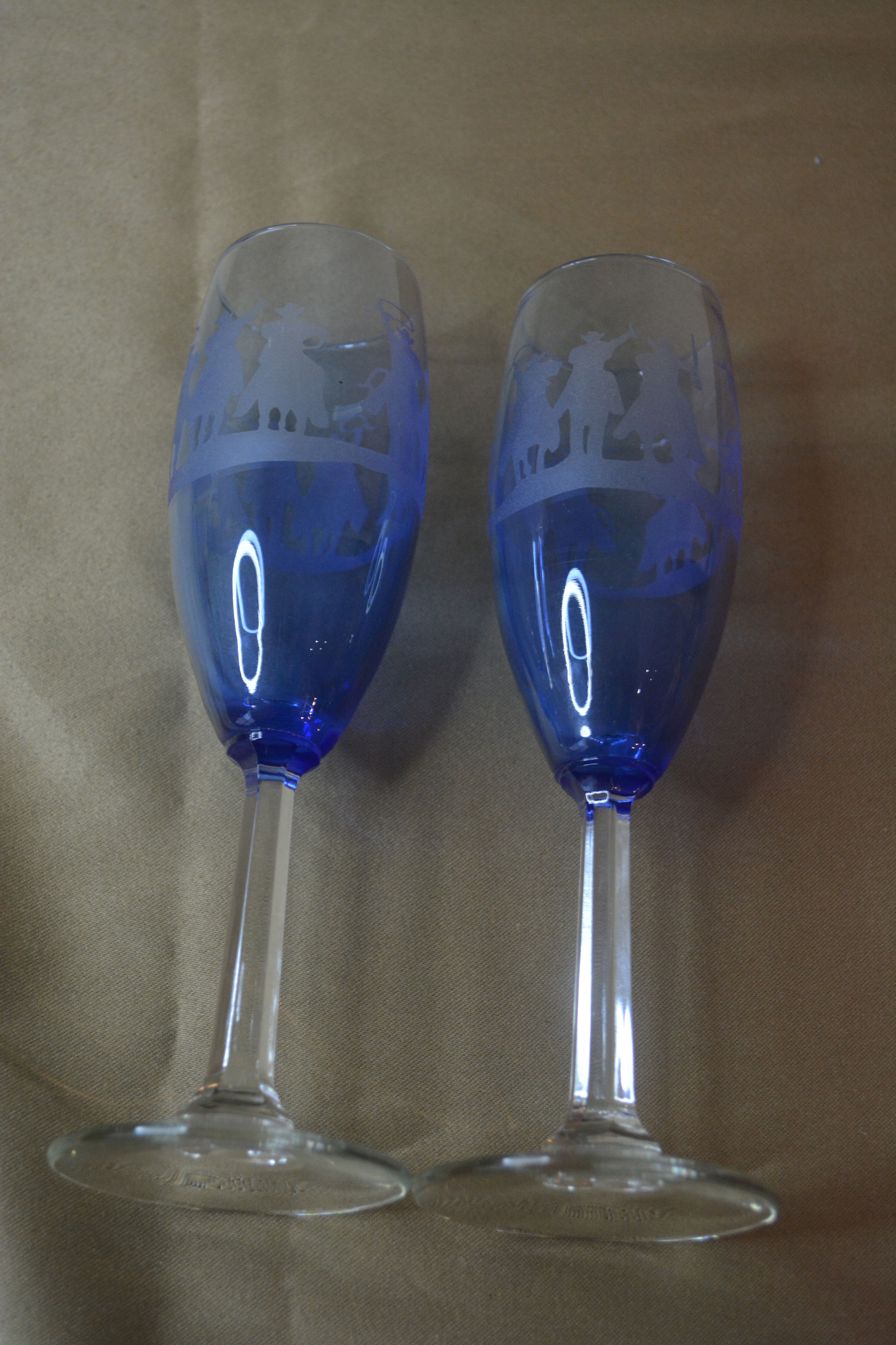 Vintage Coyle Blue Champagne Flutes w/Etched Cowboys (Pair)