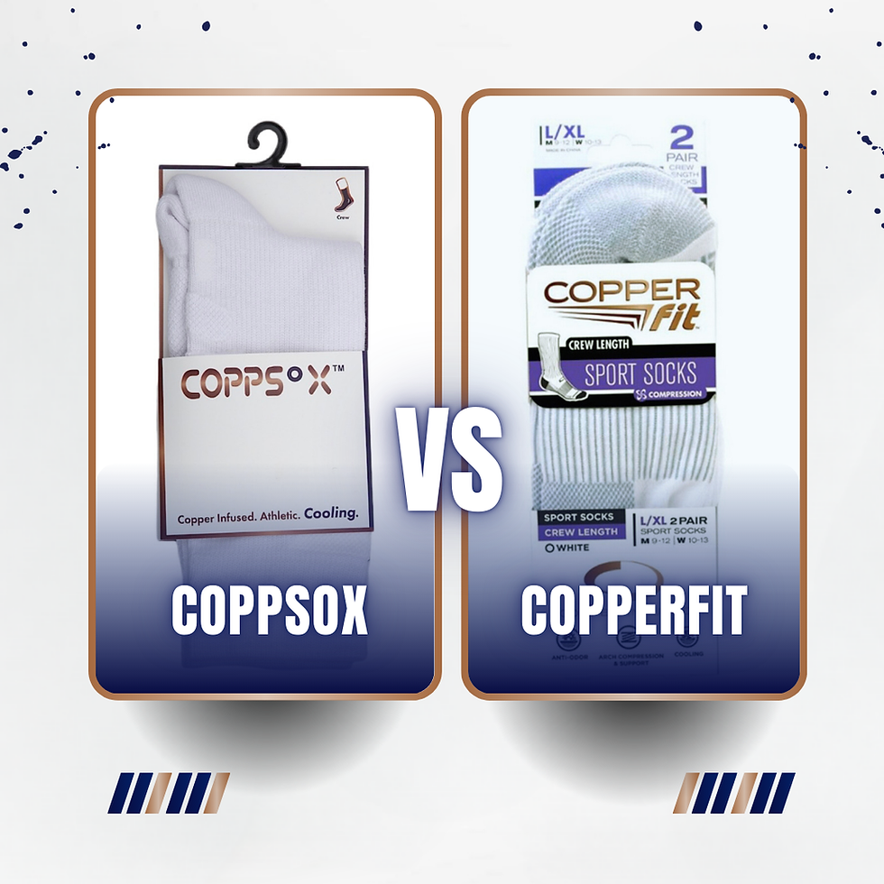 Coppsox copper-infused socks next to Copper Fit socks, showing side-by-side comparison of odor-resistant, performance and everyday wear options