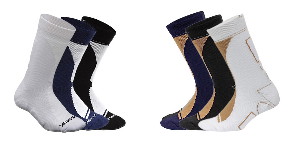 All Coppsox 2.0 crew socks displayed next to all Coppsox Classic crew socks, showing side-by-side comparison of copper-infused performance and everyday wear options
