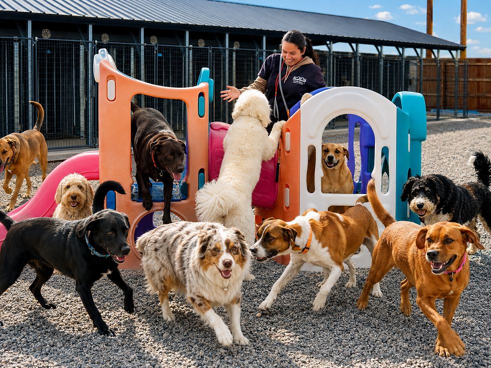 Dogs playing around a colorful outdoor playset at Iron Will Dog Lodge’s day camp.