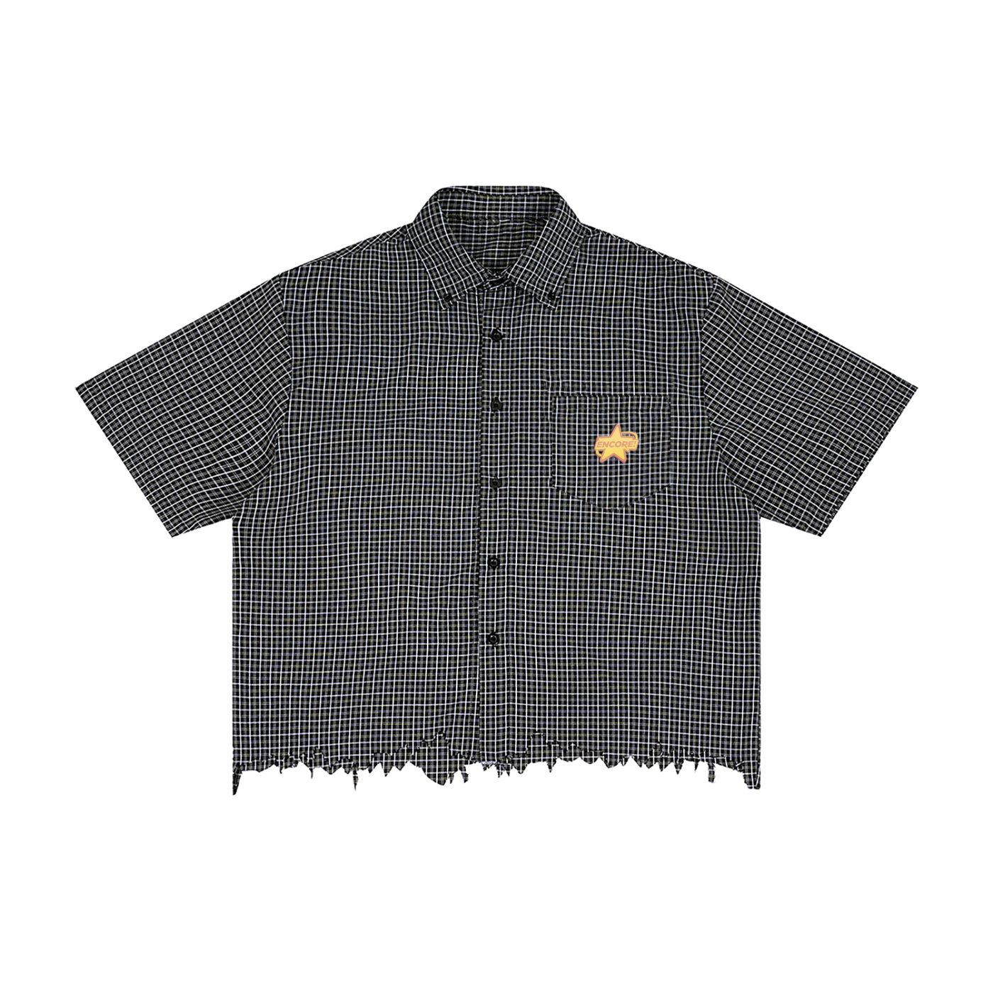DISTRESSED "ENCORE!" PLAID BOXY SHIRT