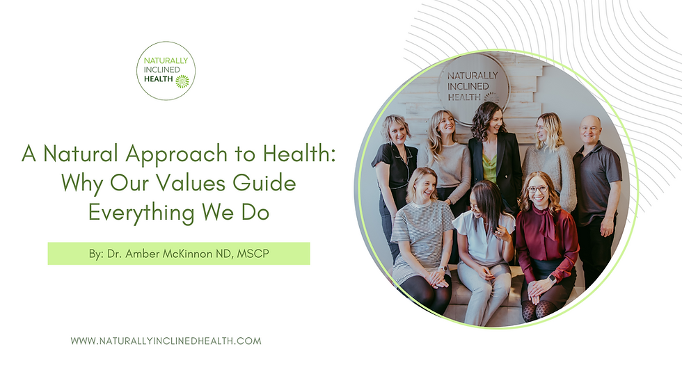 Stethoscope on green leaves, text "A Natural Approach to Health: Why Our Values Guide Everything We Do," by Dr. Amber McKinnon. Naturally Inclined Health logo top left.