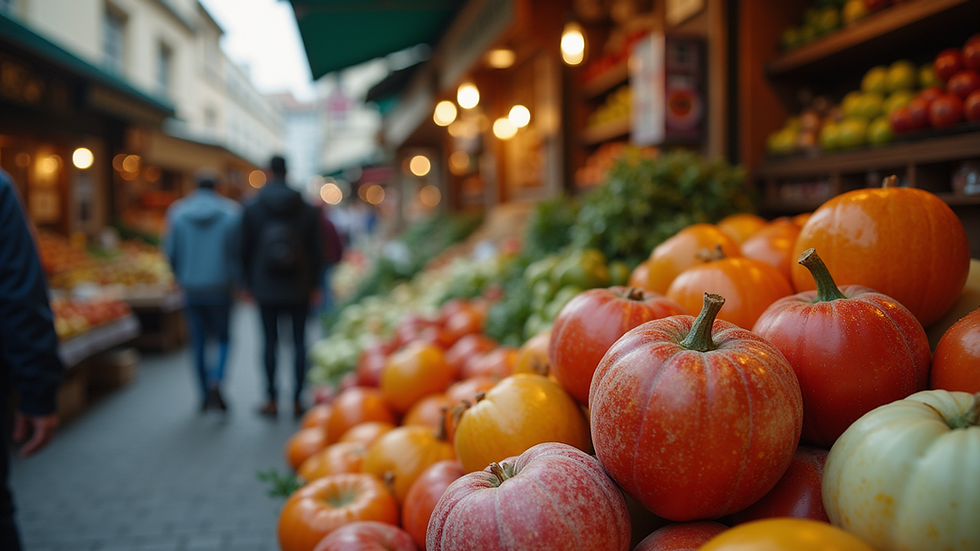 Eye-level view of a vibrant marketplace filled with diverse products