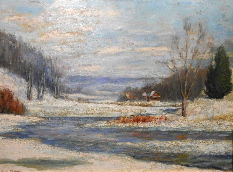"American Impressionist winter scene, subtle colors, luscious buttery paint applied with stiff bristle brushes" - 2016 sale description