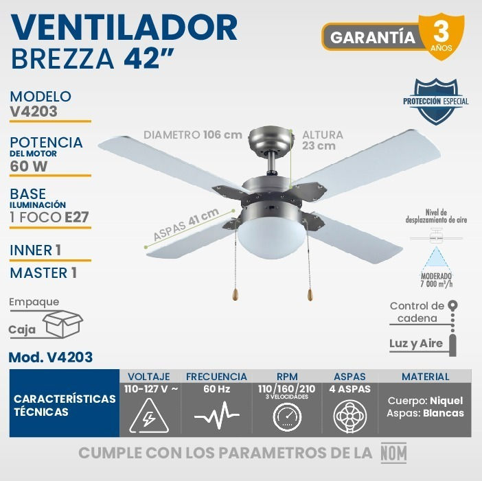 Miniatura: Ventilador De Techo Igoto V4203 Blanco Con 3 Velocidades