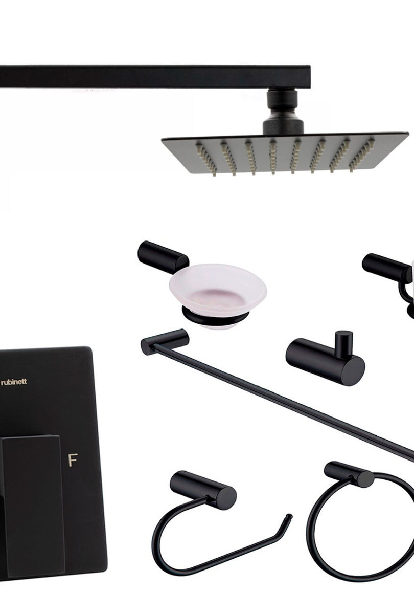Juego Baño Cuadrado Regadera 15cm Monomando 8 Pz Negro Lujo