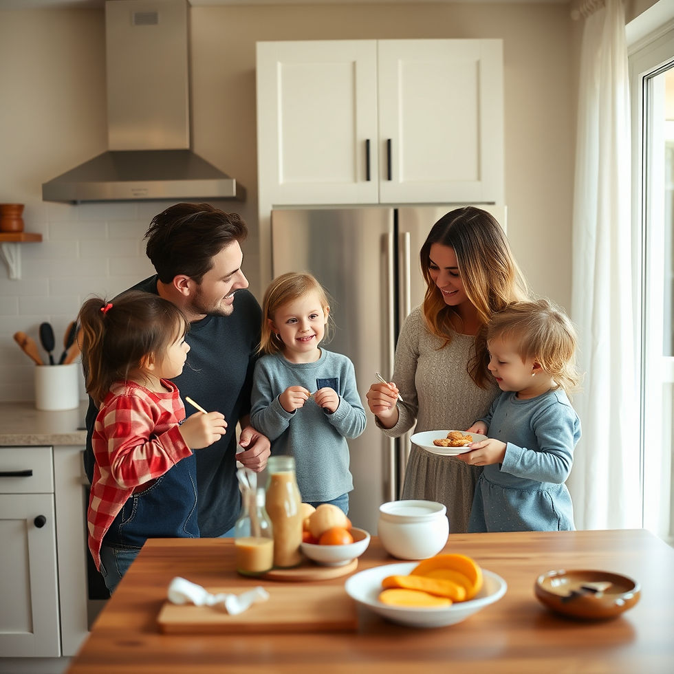 A cheerful family enjoys a cozy breakfast together in their bright and inviting new Skylark Home.