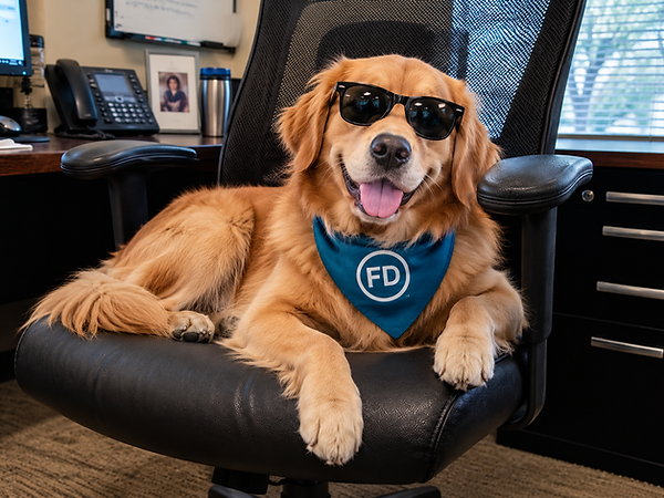 Jack, Frogg Dogg Promotions mascot, wearing sunglasses and an FD bandana in an office chair.