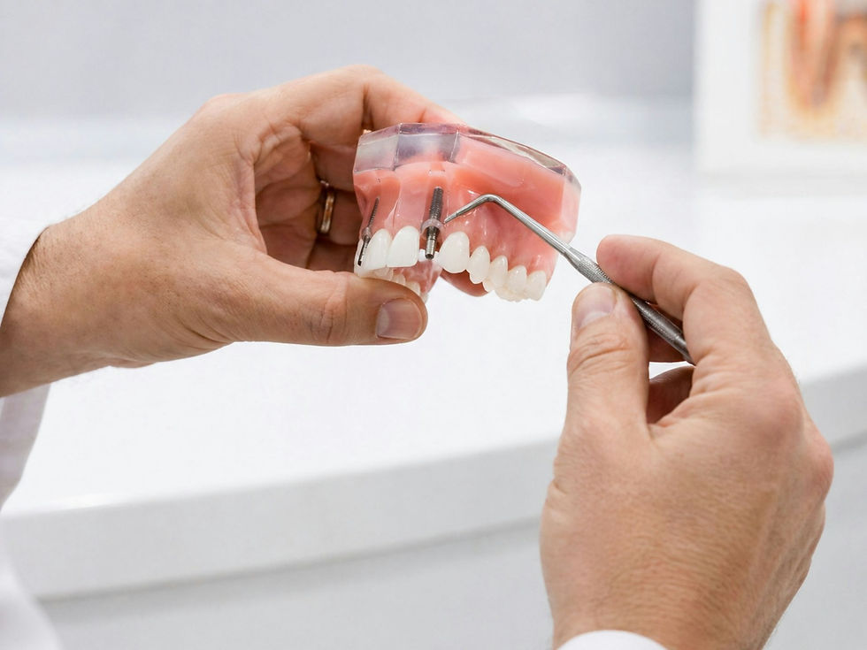 Hands holding a dental model to explain the dental crown procedure step by step