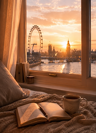 Stanza accogliente con libro aperto e vista su Londra al tramonto.