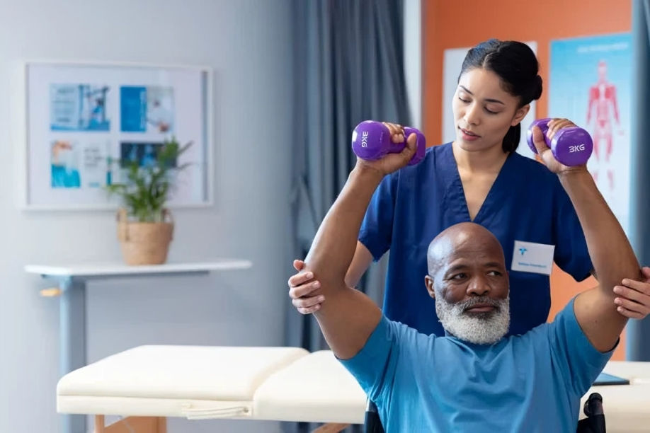 Man performing physio-led personal training with therapist