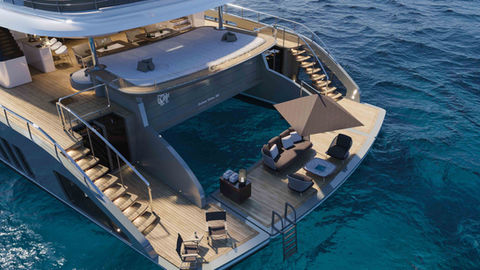 Garfield catamaran swim platform.