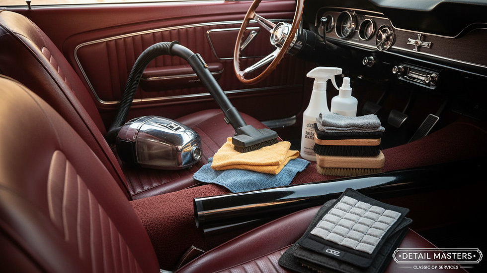 Close-up view of car interior detailing with vacuum and cleaning tools