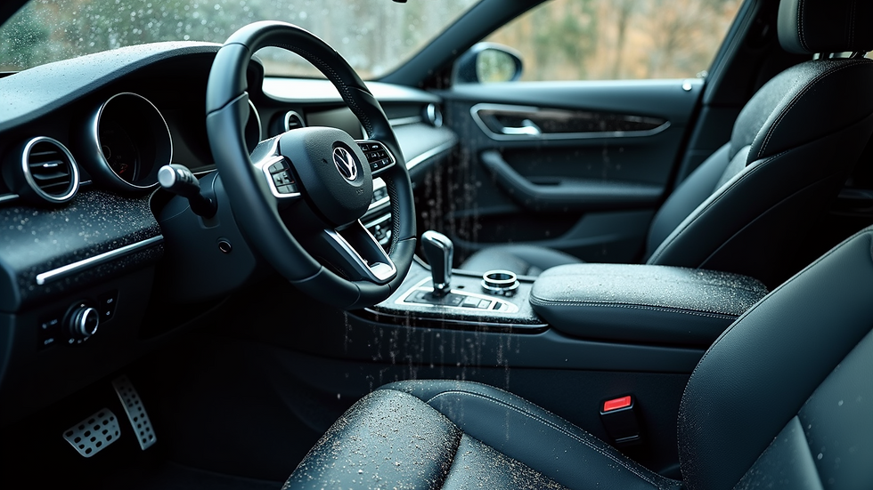 High angle view of a luxury car interior being cleaned meticulously