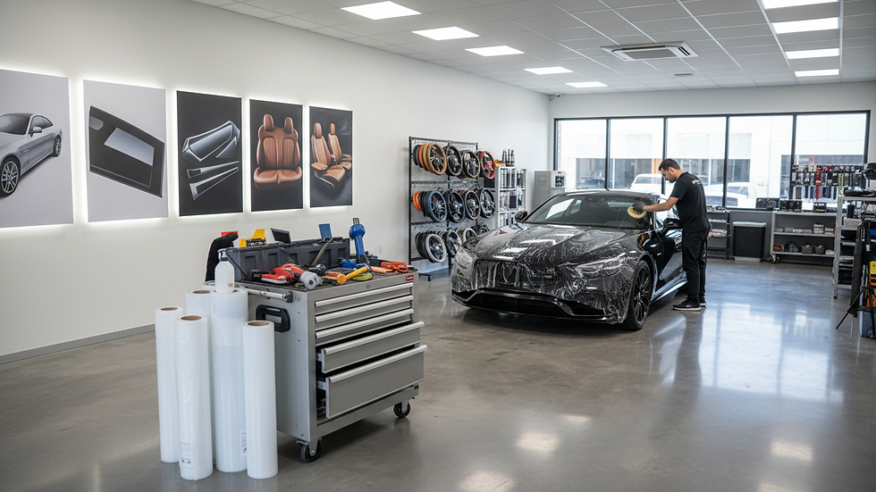 Eye-level view of a car detailing studio with paint protection film rolls and tools