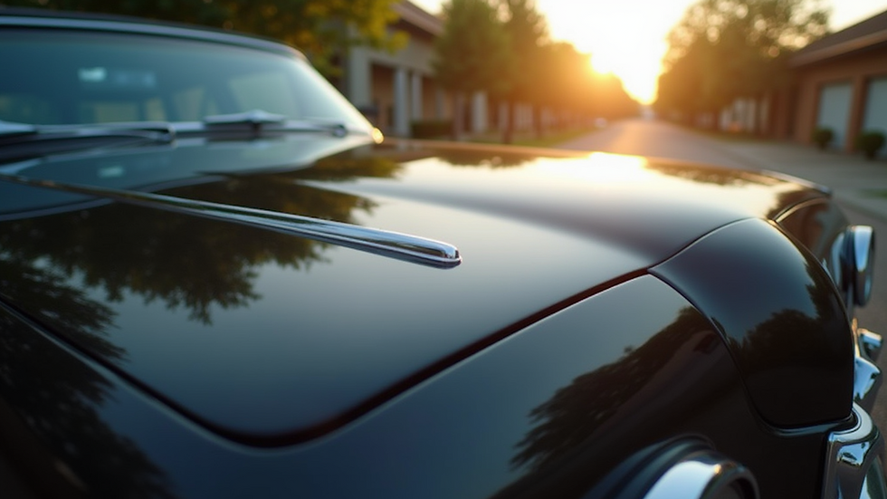 Eye-level view of a shiny black car hood reflecting sunlight