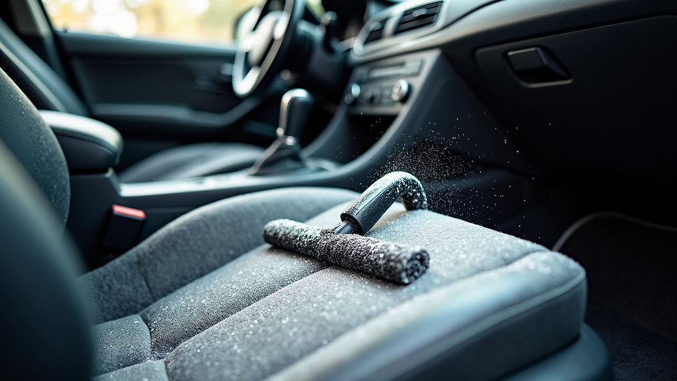 Close-up view of a car interior being vacuumed and cleaned
