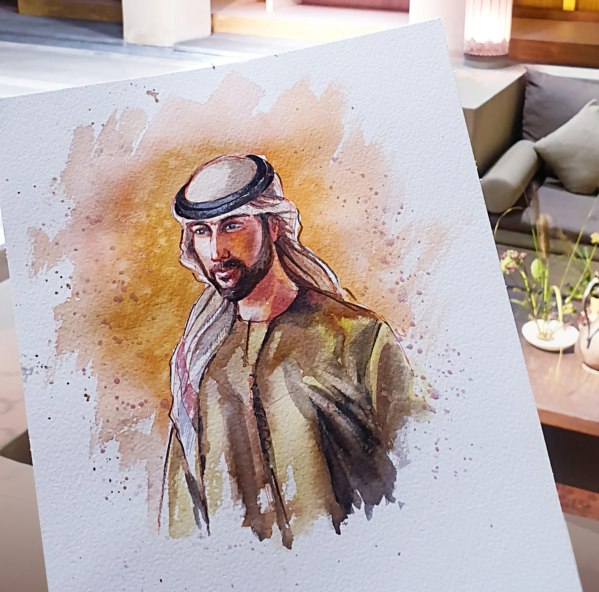 Watercolor portrait in progress by Dubai portrait artist Maria Zet Nova