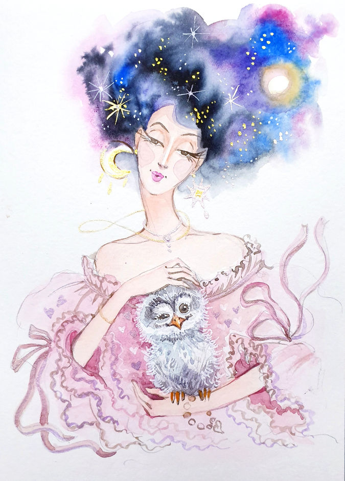 Watercolor portrait of a celestial woman with an owl, surrounded by stars and cosmic elements.