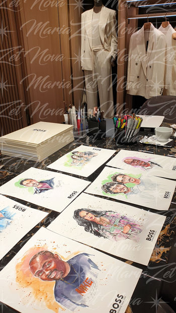 Live watercolor portrait created during a private fashion event