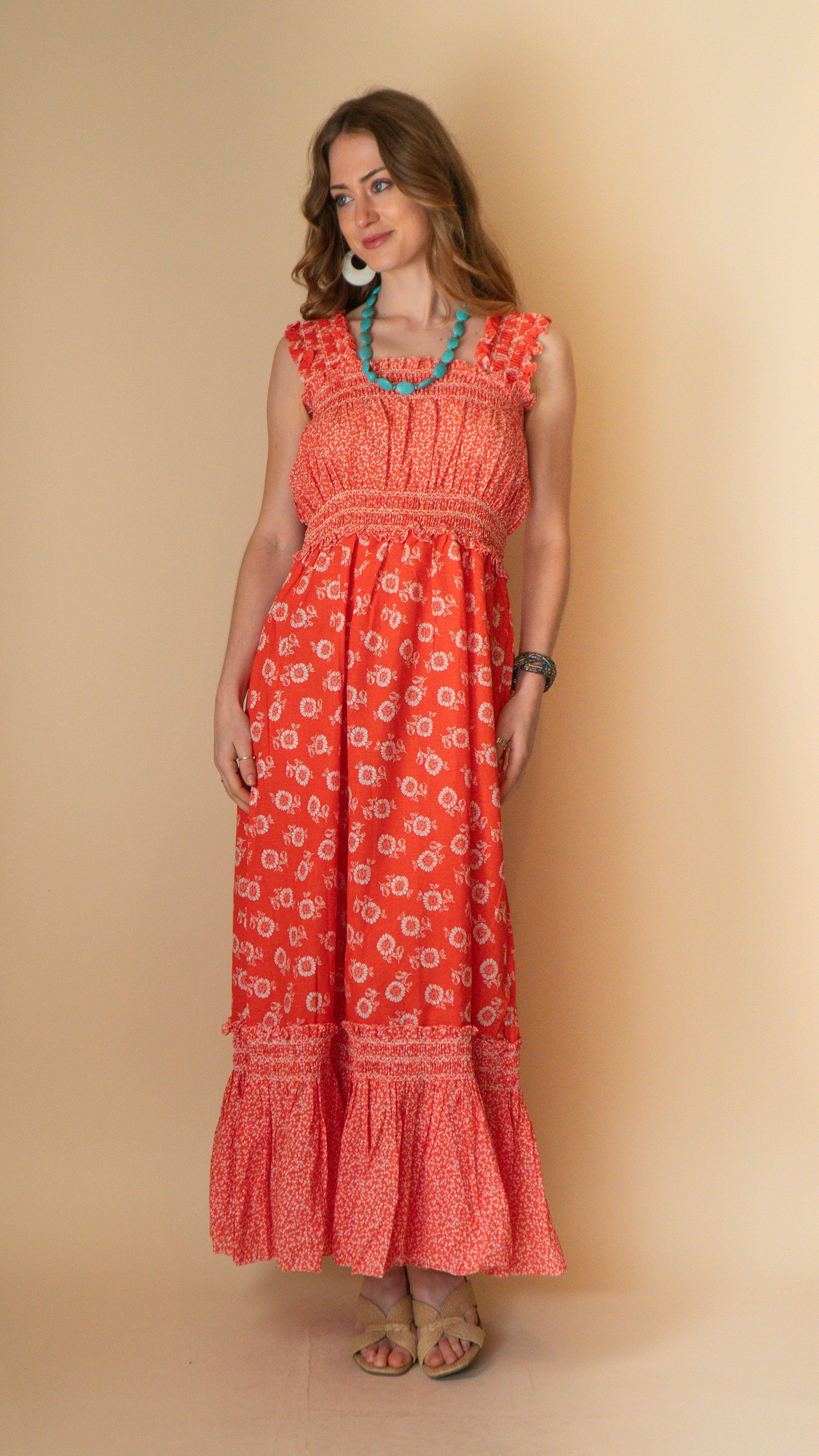 1970s Cotton Coral Dress | Size 12