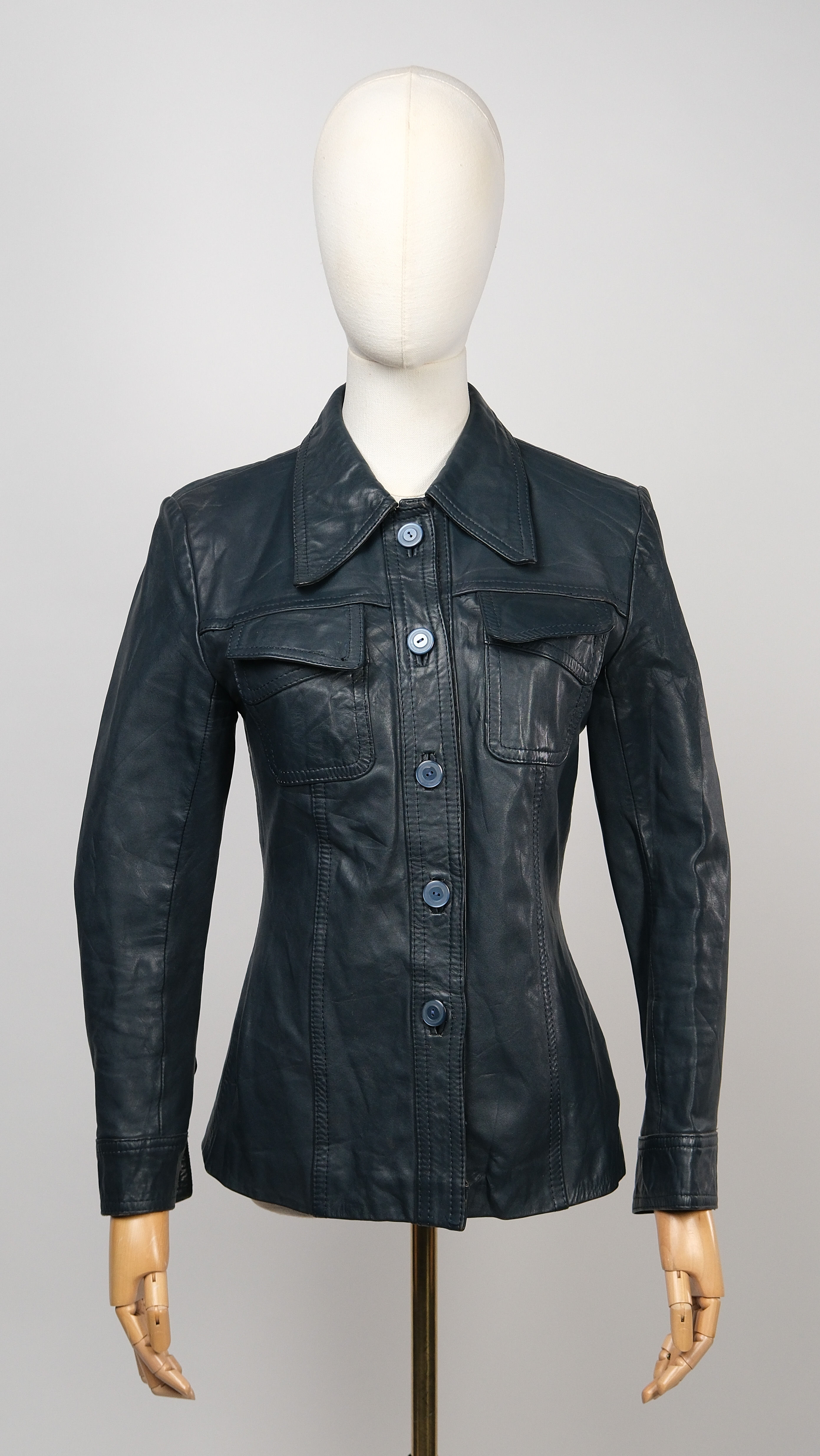 1970s Navy Leather Jacket | Size 8