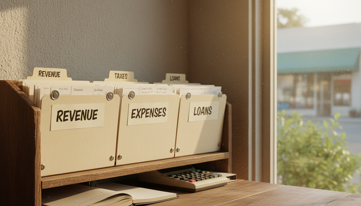 Eye-level view of labeled paper folders in a small storage shelf near a window