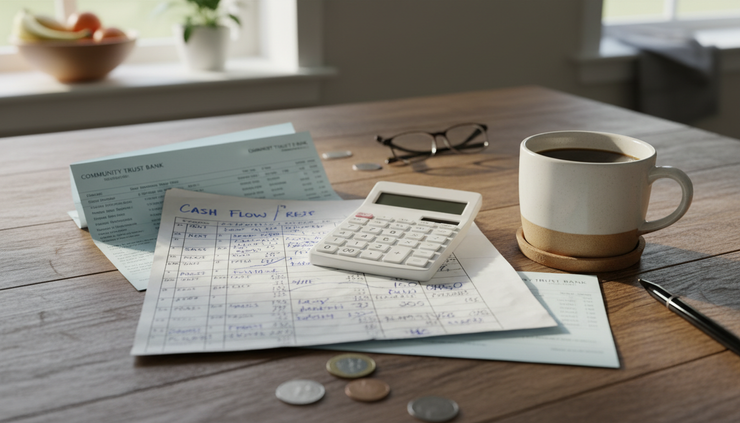 Close-up view of a handwritten cash flow worksheet, calculator, and bank statements on a kitchen table